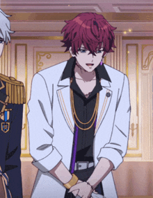 a man with red hair is wearing a white jacket with a shield on it