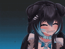 a girl with a bone in her mouth and a bow tie with a skull on it