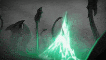 a drawing of a mountain with a green light coming from it