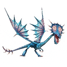 a blue dragon with wings and horns is flying in the air on a white background .