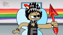 a cartoon character is holding a red arrow with the letter a above him
