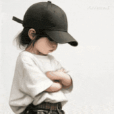 a little girl wearing a black hat and a white shirt