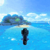 a motorcycle is floating in the ocean near a small island with palm trees