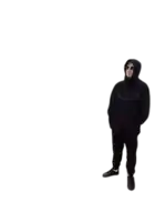 a man in a black jacket with a hood and sunglasses is standing on a white background .