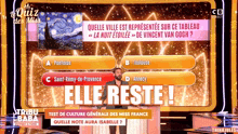 a man stands on a stage in front of a screen that says elle reste
