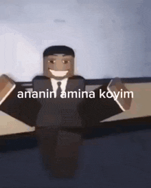 a cartoon character in a suit and tie is standing with his arms outstretched .