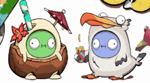 two cartoon characters are standing next to each other and one is wearing a coconut