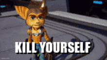 a picture of a video game character with the words kill yourself on it