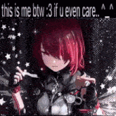 a girl with red hair is holding a knife in her hand and says `` this is me btw 3 if u even care '' .