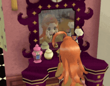 a girl with orange hair is looking at herself in the mirror