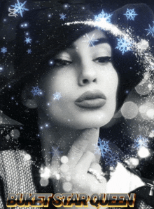 a black and white photo of a woman with the words " buket star queen " on it