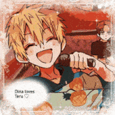 a drawing of a boy singing into a microphone with the words dina loves teru written below him