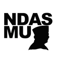 a black and white logo for ndas mu with a man 's head and a hammer