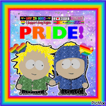 a picture of two south park characters holding hands with the words pride