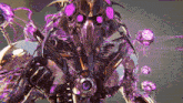 a purple and silver robot with purple eyes