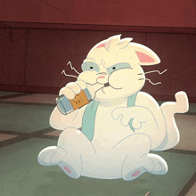 a cartoon cat is sitting on the floor drinking from a bottle with the letter t on it