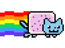 a pixel art cat with a rainbow behind it