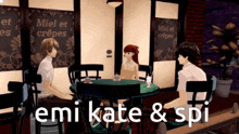 a group of anime characters are sitting at a table with the words emi kate & spi on the bottom right