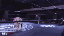 a wrestling ring with rev pro written on the ground