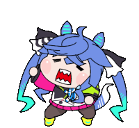 a cartoon drawing of a girl with blue hair and a red mouth