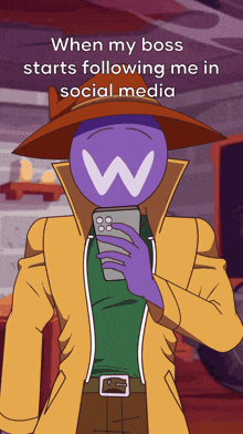 a cartoon of a man with a w on his head holding a cell phone