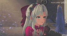 a girl in a red dress with a flower in her hair and the word alma on the bottom right