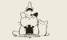a black and white drawing of three cats sitting next to each other on a white background .