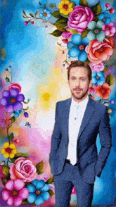 a man in a suit and tie stands in front of a colorful floral frame
