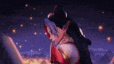 a cartoon character with a purple background and lanterns in the sky