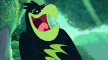 a black bird with a green beak is laughing with its mouth open