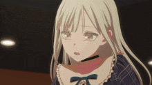 a blonde anime girl with a choker around her neck looks surprised