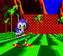 a sonic the hedgehog video game character standing in a green field