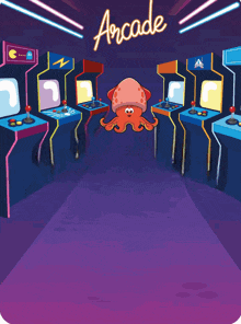 a cartoon illustration of an octopus in an arcade with the word arcade above it