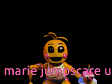 a cartoon character with the words marie jumpscare u
