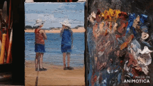a painting of two people standing on a beach is made in animotica