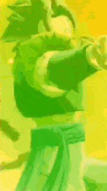a green and yellow painting of a person with a belt around their waist