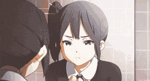 a girl with a ponytail is looking at herself in a mirror with the word notsuki on the bottom right