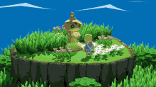 a video game character is standing on a small island with a statue in the background