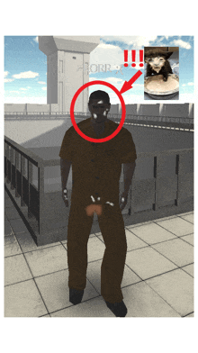 a man in a prison uniform has a picture of a cat behind him and a red arrow pointing to it