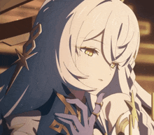 a close up of a girl with white hair