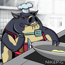 a cartoon of a pig wearing a chef 's hat holding a spatula