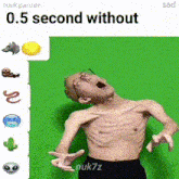 a man without a shirt is standing in front of a green screen with the words 0.5 second without