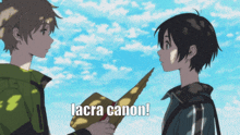 two anime characters are standing next to each other and one of them is holding a book that says lacra canon