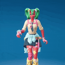 a girl with green hair and a red face is standing in front of a blue backdrop