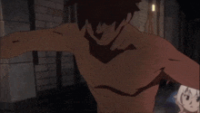 a man without a shirt is standing in front of a girl
