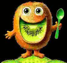 a cartoon kiwi is holding a spoon in his hand .