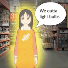 a girl in a home depot apron is talking about light bulbs