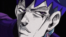 a pixel art drawing of a man 's face with purple eyes and a purple hat .