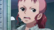 a cartoon girl with pink hair is smoking a cigarette