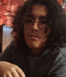 a young man with curly hair wearing glasses and a grey hoodie